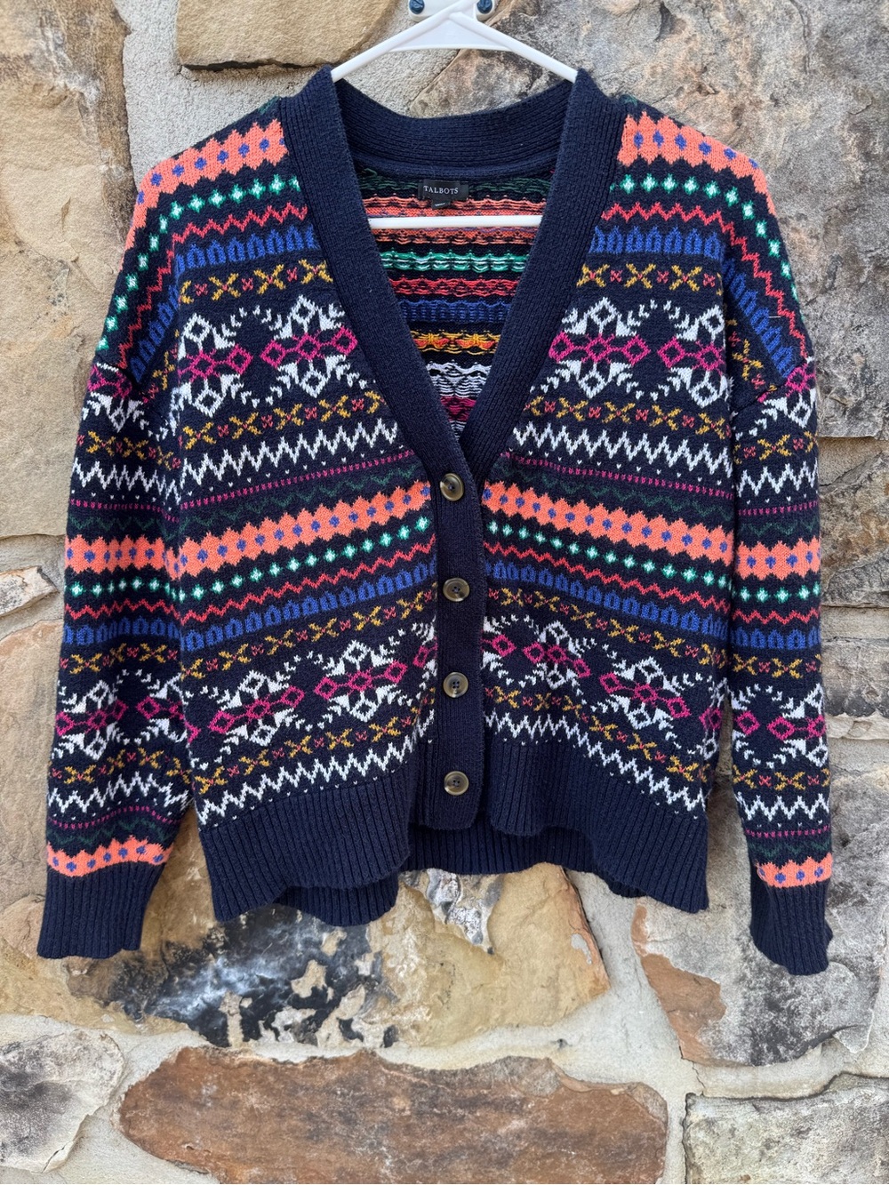 Talbots Multicolor Fair Isle Navy Knit Cardigan